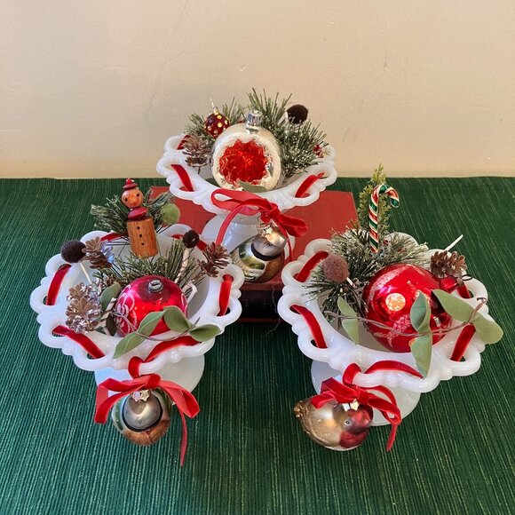 Vintage Christmas Tabletop Decor featuring Anchor Hocking Milk Glass Bowls x 3 - Picture 1 of 10
